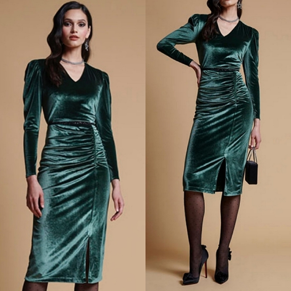 NWT Rachel Parcell Long Sleeve Stretch Green Mountain Velvet Sheath Dress XS